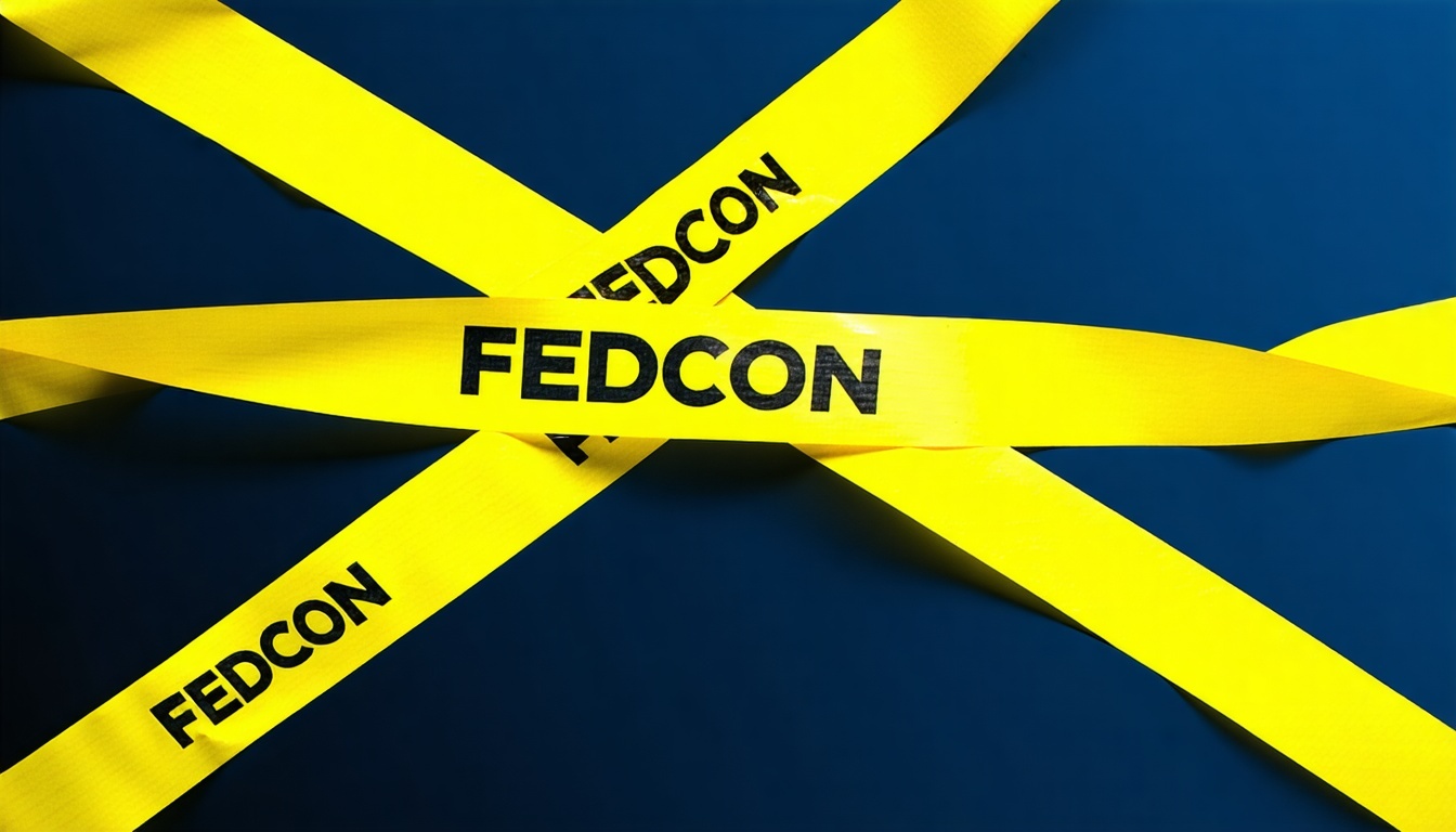 yellow tape lines crossing over each other in an abstract manner that say on them FEDCON Please spell FEDCON exactly like FEDCON Have the background in a navy that matches our FEDCON branding